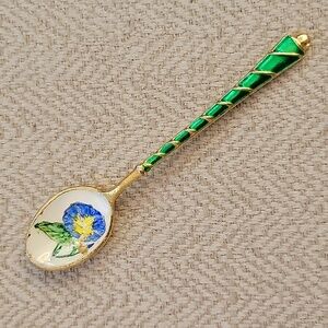 VINTAGE Green and Gold Morning Glory Enamel Collectible Spoon